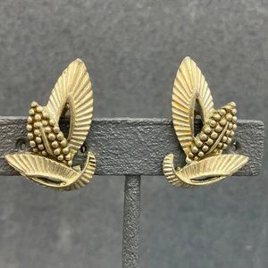 Marboux Clip On Earrings Silver Triple Leaf Stripe Dot Signed Vintage Retro BoHo